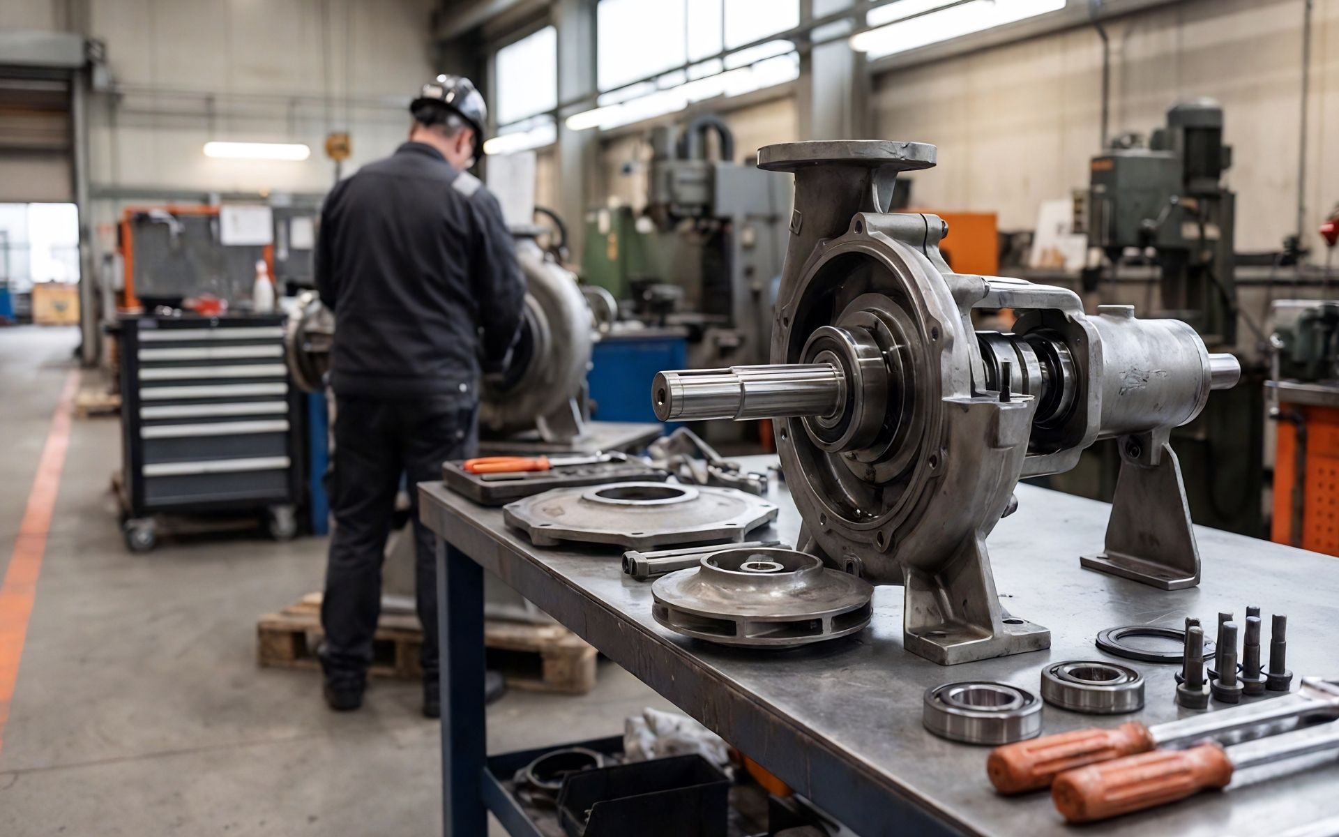 Industrial Pump Reconditioning and Maintenance Workshop Technician working on a disassembled industrial pump with shaft, bearings and casing components on a workshop bench during pump reconditioning process