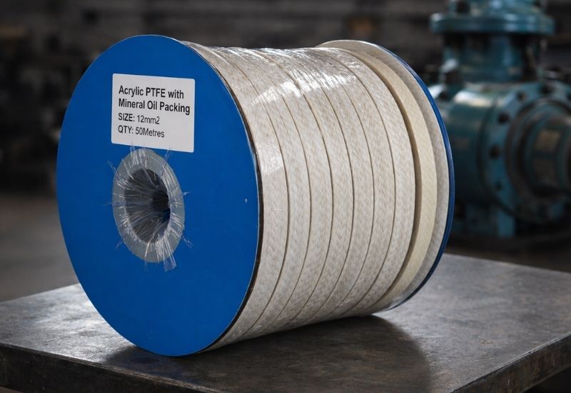 PTFE Gland Packing Roll for Pump and Valve Sealing Industrial Sealing Solutions South Africa Large PTFE gland packing roll on industrial workbench, used for sealing pumps and valves to control leakage and maintain equipment reliability.