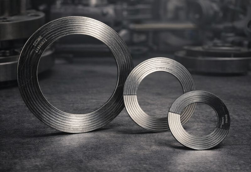 Spiral Wound Gaskets for Industrial Sealing Applications Sizwe Seals South Africa Spiral wound metal gaskets in various sizes for industrial sealing applications, designed for high-pressure and high-temperature flange sealing in pumps and process systems.