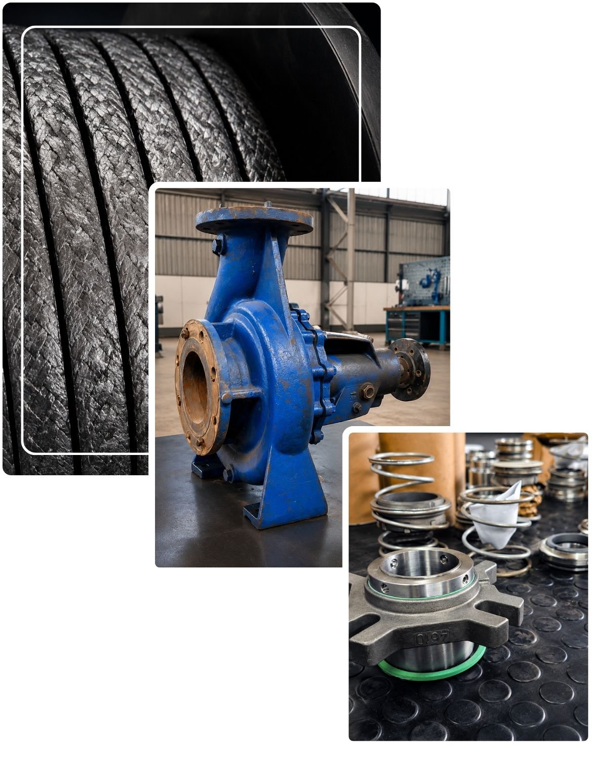 Collage showing gland packing, a refurbished industrial pump and mechanical seal components, representing Sizwe Seals’ local sealing solutions, pump reconditioning and mechanical seal support in South Africa.