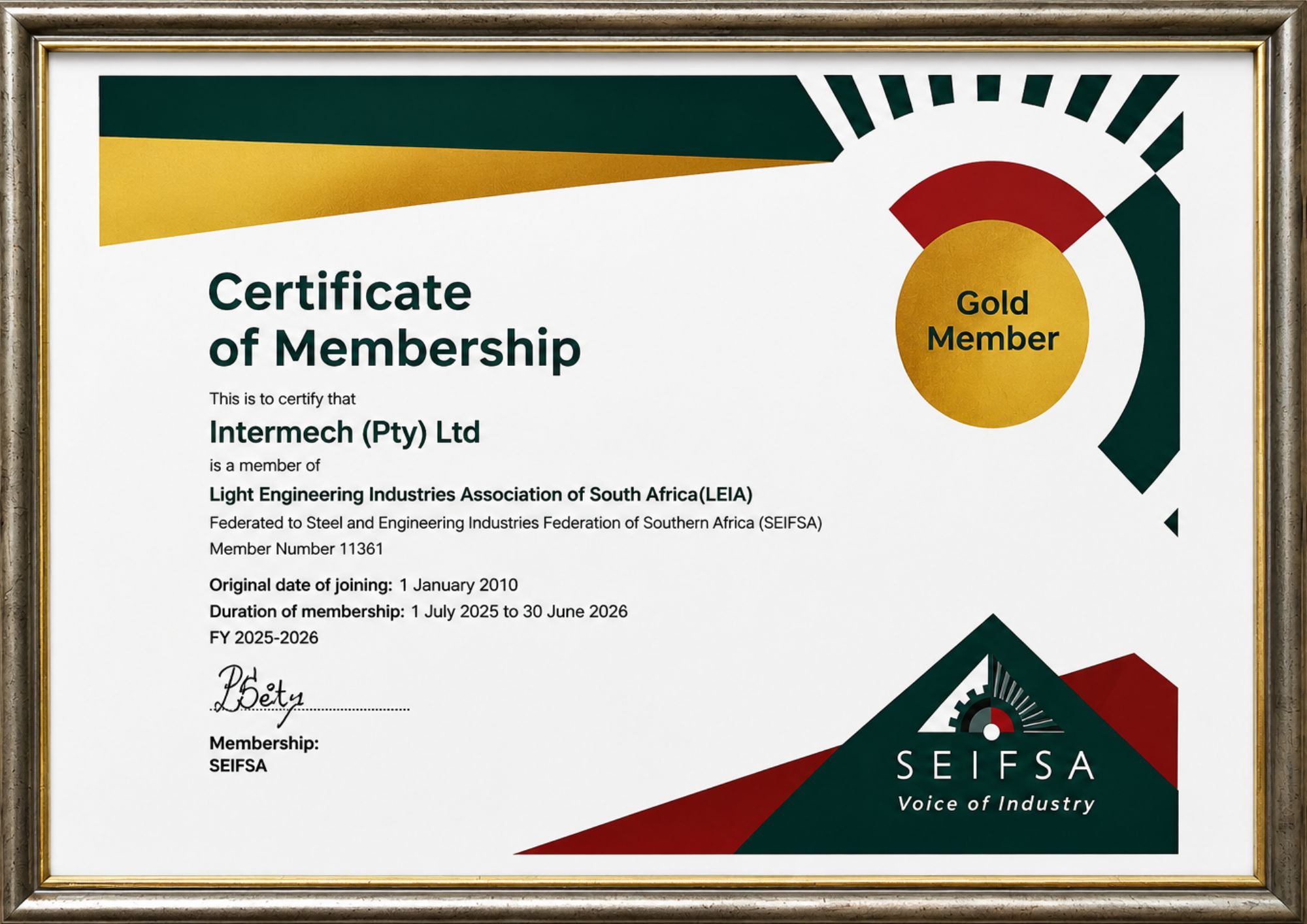 Intermech LEIA SEIFSA Gold Member Certificate Intermech LEIA and SEIFSA Gold Member certificate supporting the group’s light engineering industry associations.