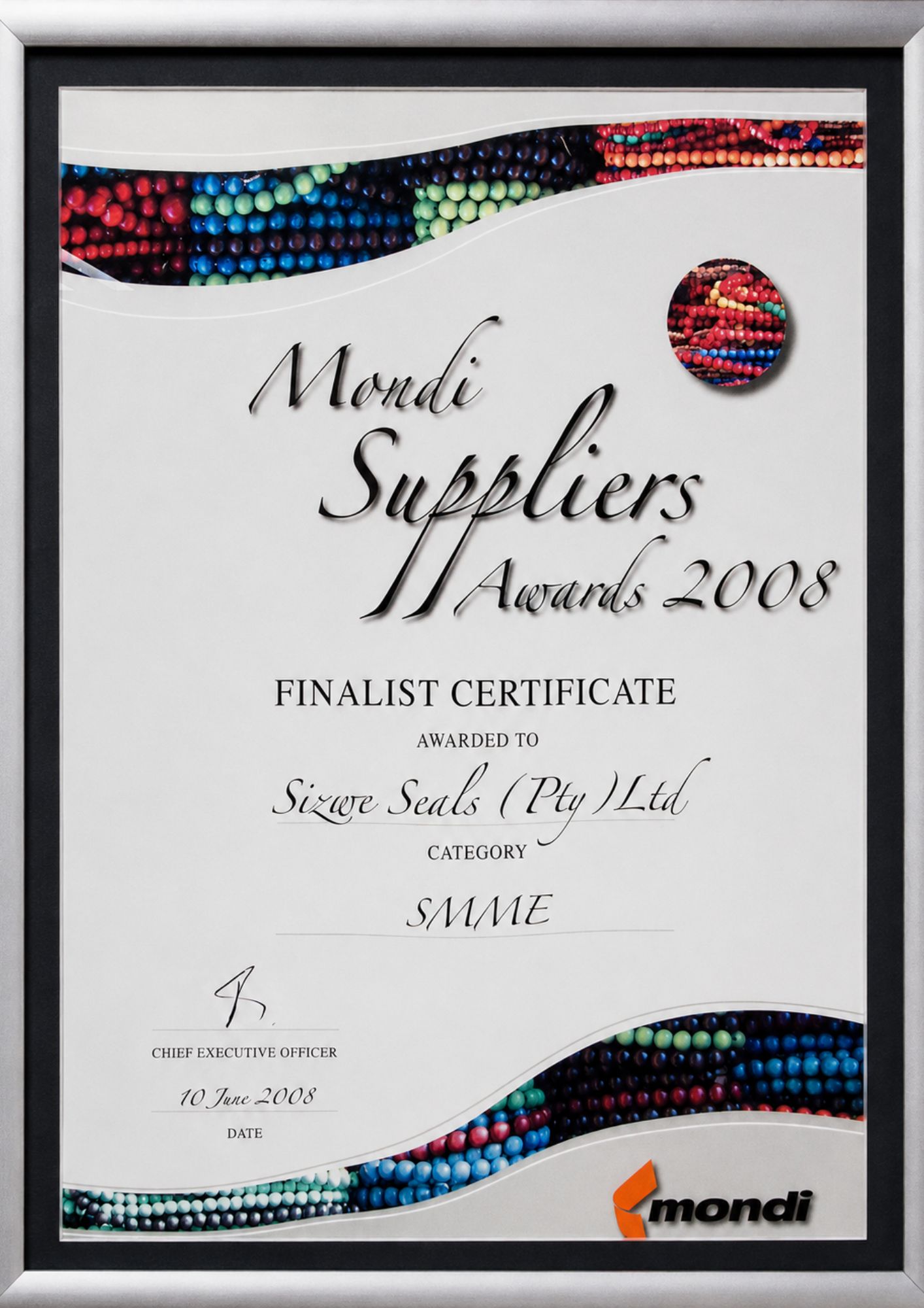 Sizwe Seals Mondi Suppliers Awards Finalist Certificate 2008 Sizwe Seals Mondi Suppliers Awards 2008 finalist certificate in the SMME category.
